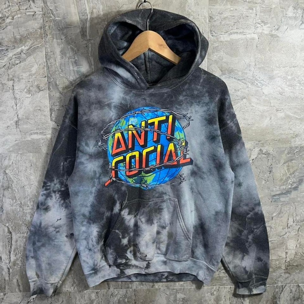 Gildan Tie Dye‎ Gray Acid Wash Anti Social Graphic Pullover Hoodie Mens M